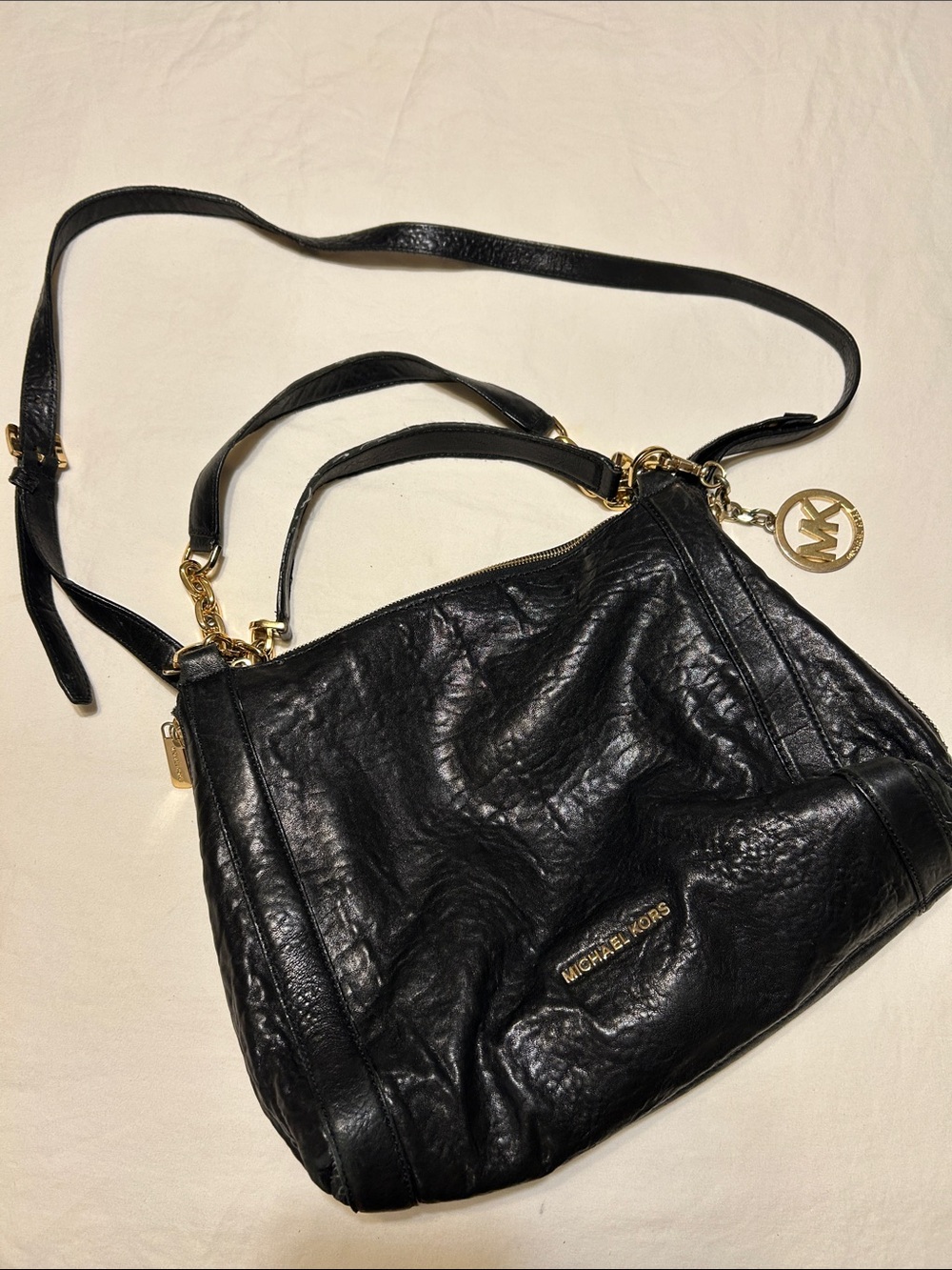 Michael Kors Black Leather Shoulder Bag with Gold Accents